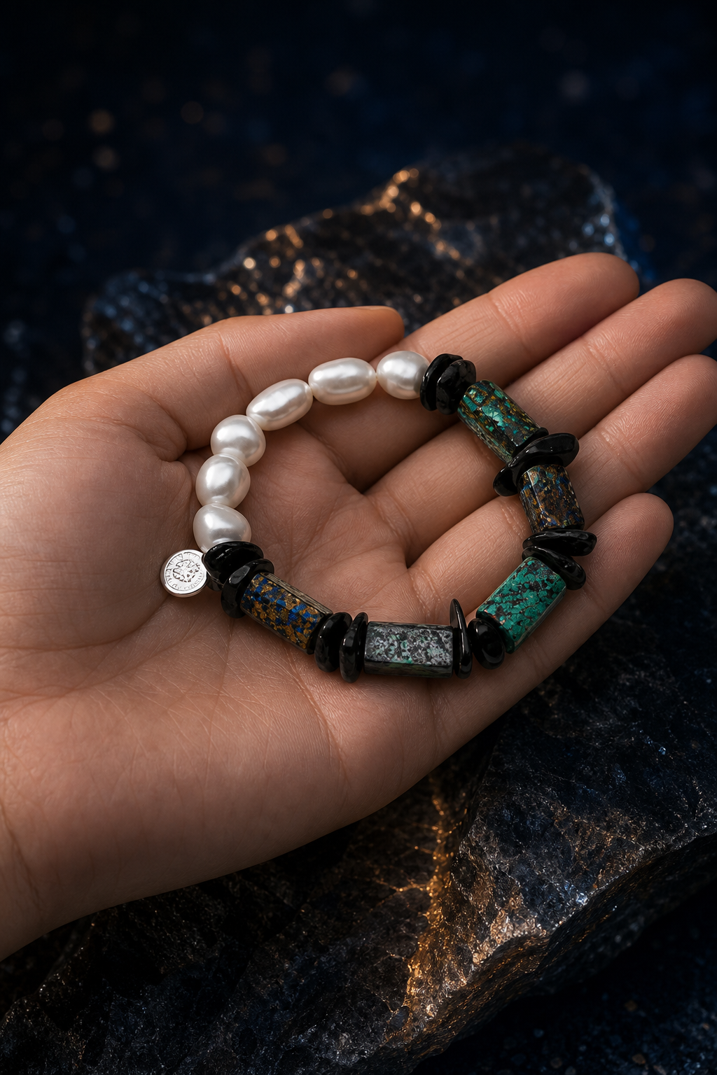 Verdigris Ore Pearl Bracelet shown in hand for scale