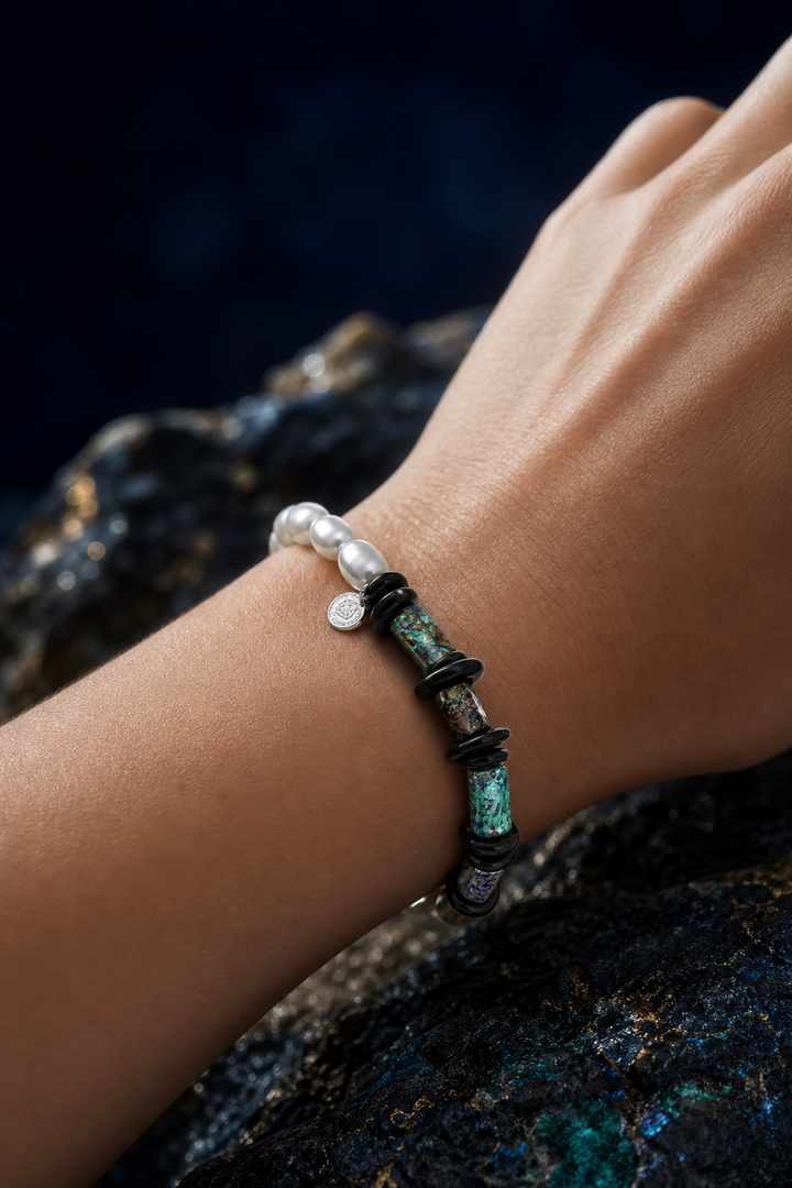 Verdigris Ore Pearl Bracelet faceless model close-up