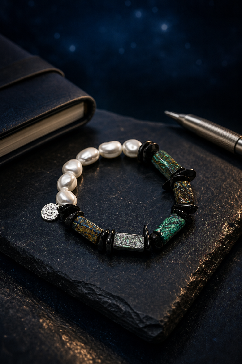 Verdigris Ore Pearl Bracelet styled for daily wear, travel, work desk ritual use