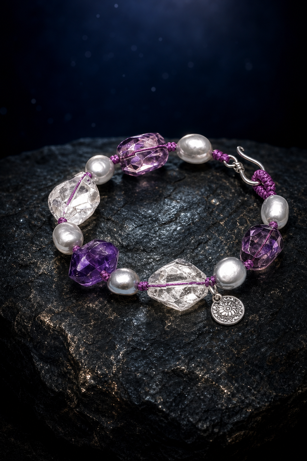 Violet Mist Amethyst Pearl Bracelet front view on a dark atmospheric backdrop