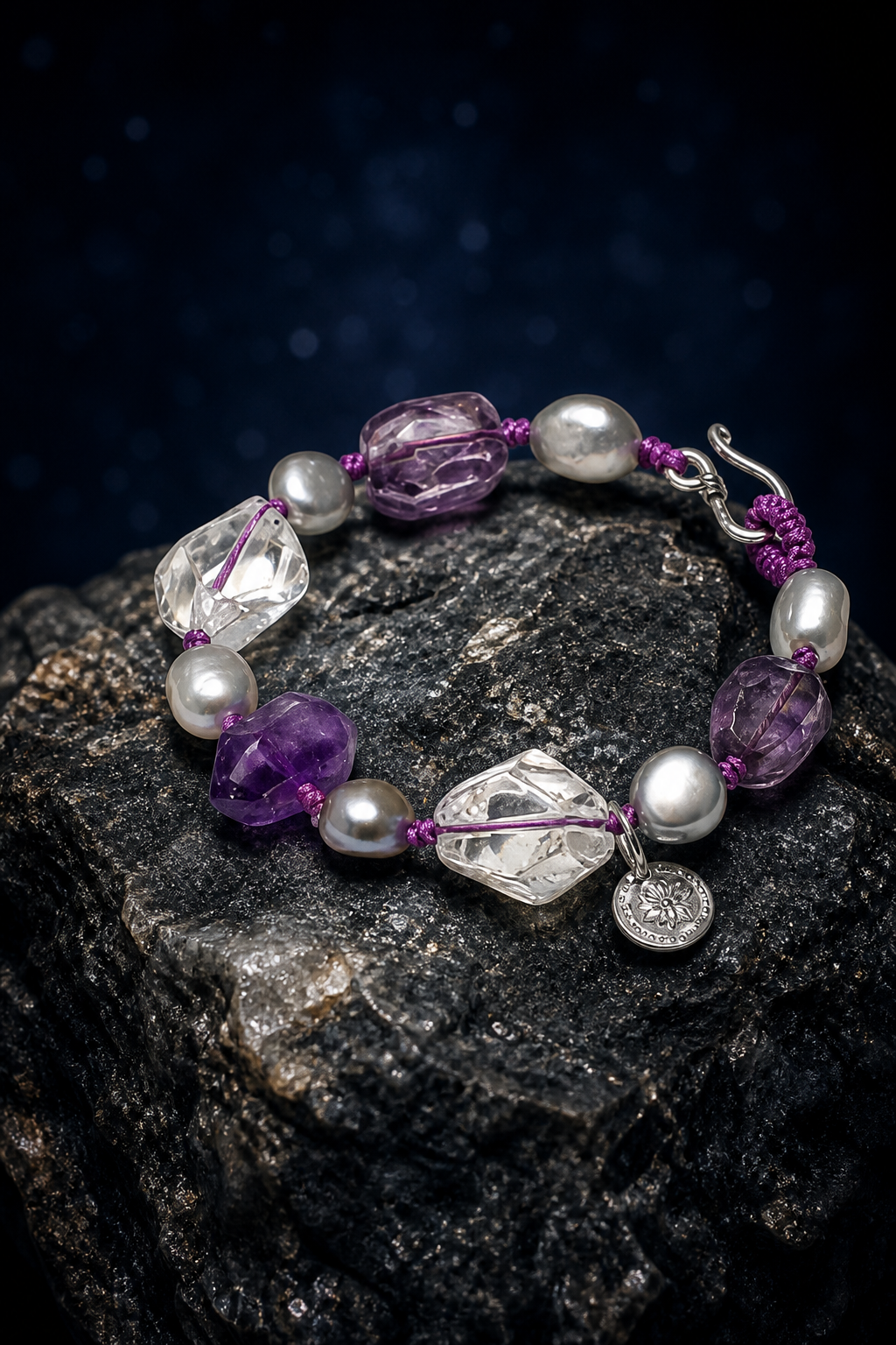 Violet Mist Amethyst Pearl Bracelet crystal texture close-up