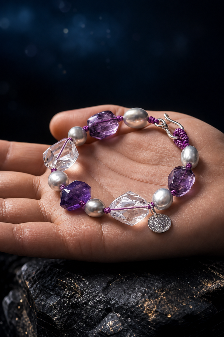 Violet Mist Amethyst Pearl Bracelet shown in hand for scale