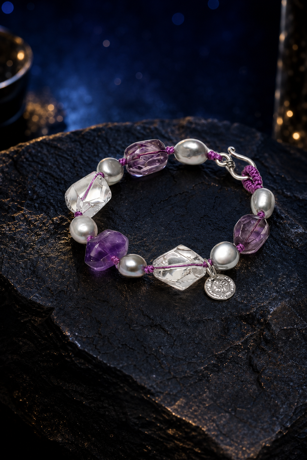 Violet Mist Amethyst Pearl Bracelet styled for daily wear, meditation, work desk ritual use