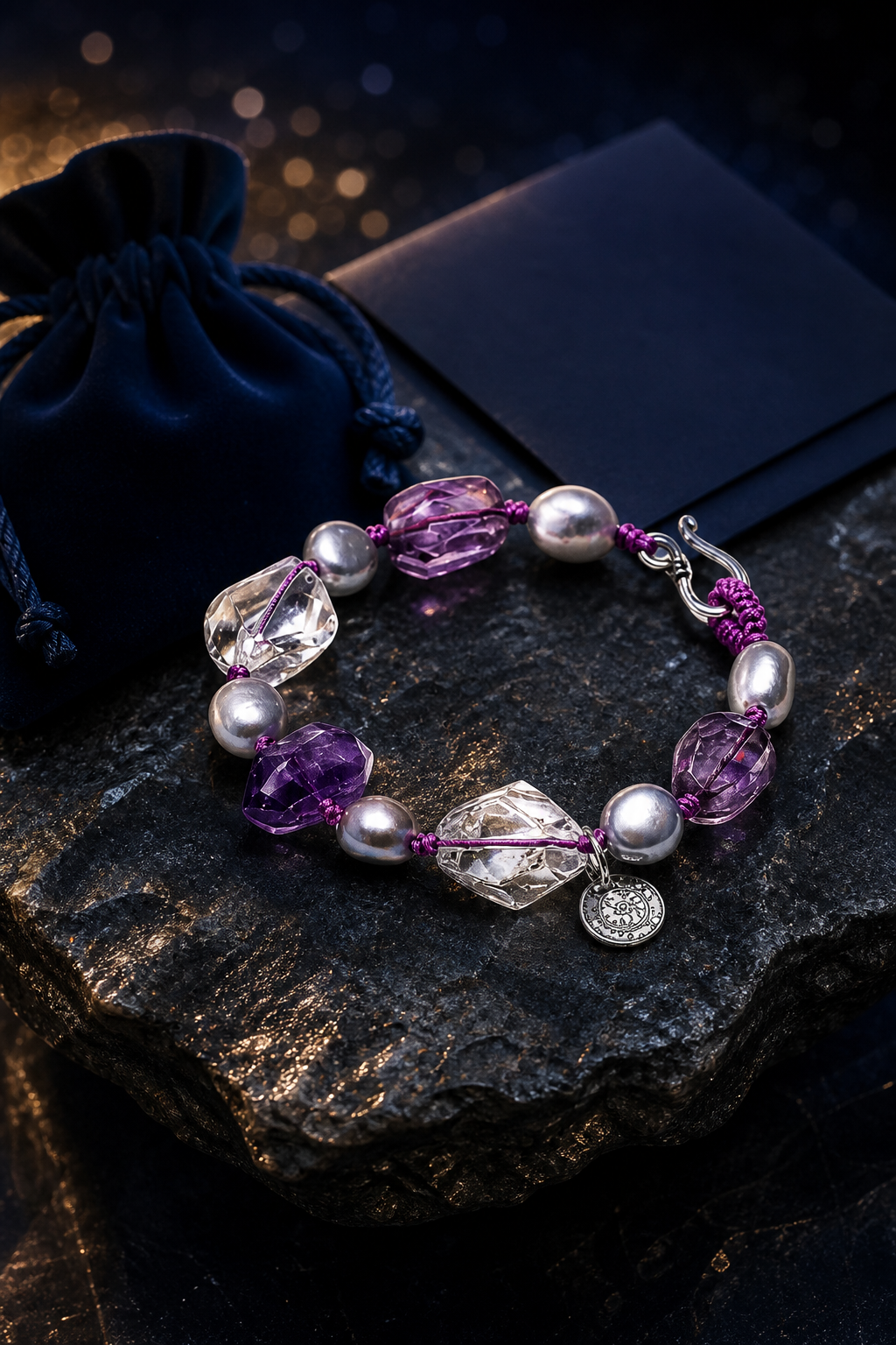 Violet Mist Amethyst Pearl Bracelet packaging flat lay