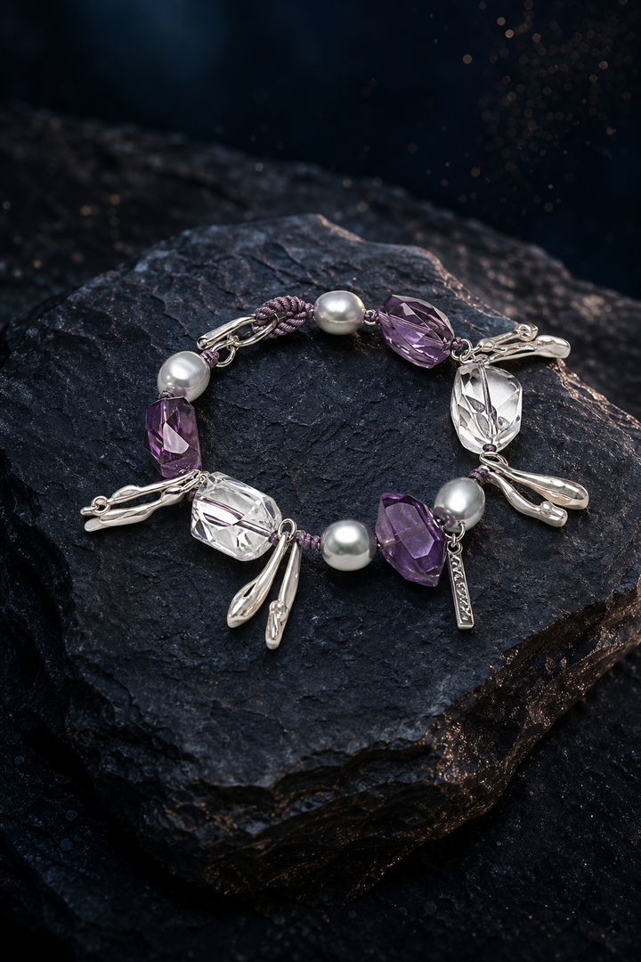 Violet Tide Amethyst Pearl Bracelet (14.5 / 15 / 16 cm) front view on a dark atmospheric backdrop