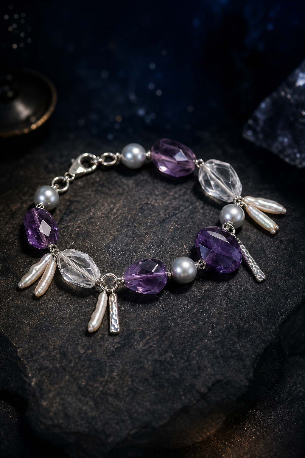 Violet Tide Amethyst Pearl Bracelet (14.5 / 15 / 16 cm) styled for daily wear, meditation, work desk ritual use