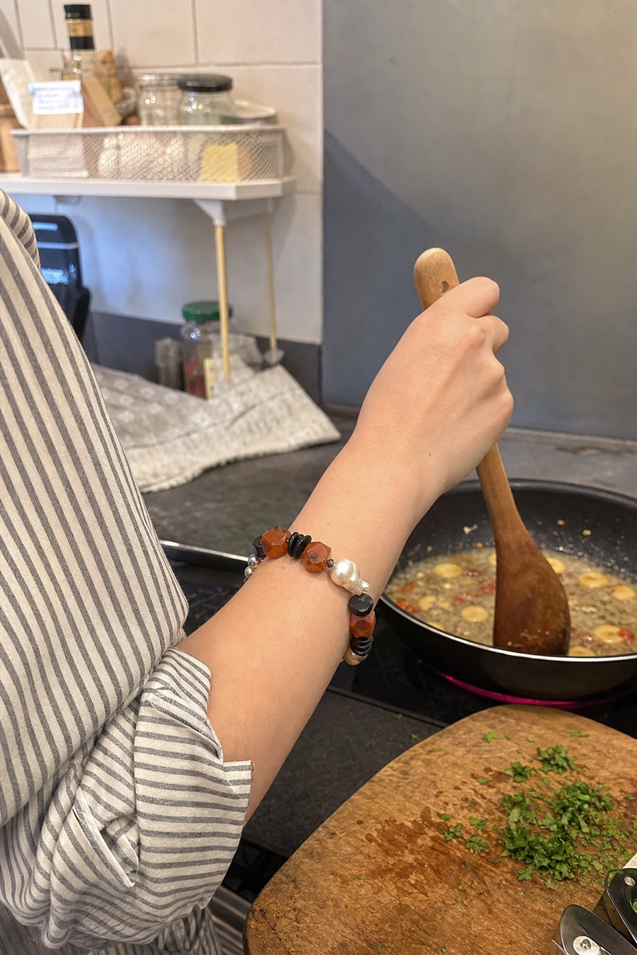 Red Tide Baroque Pearl Bracelet worn by a customer