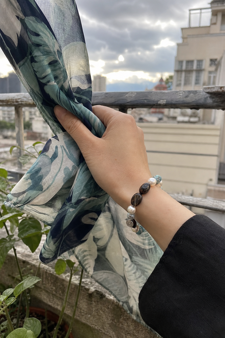 Sea Veil Smoky Pearl Bracelet worn by a customer
